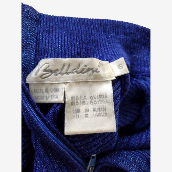 Vintage 1980s Blue Metallic Silk Beaded Stretch Knit Mock Neck Sweater - Picture 11 of 12